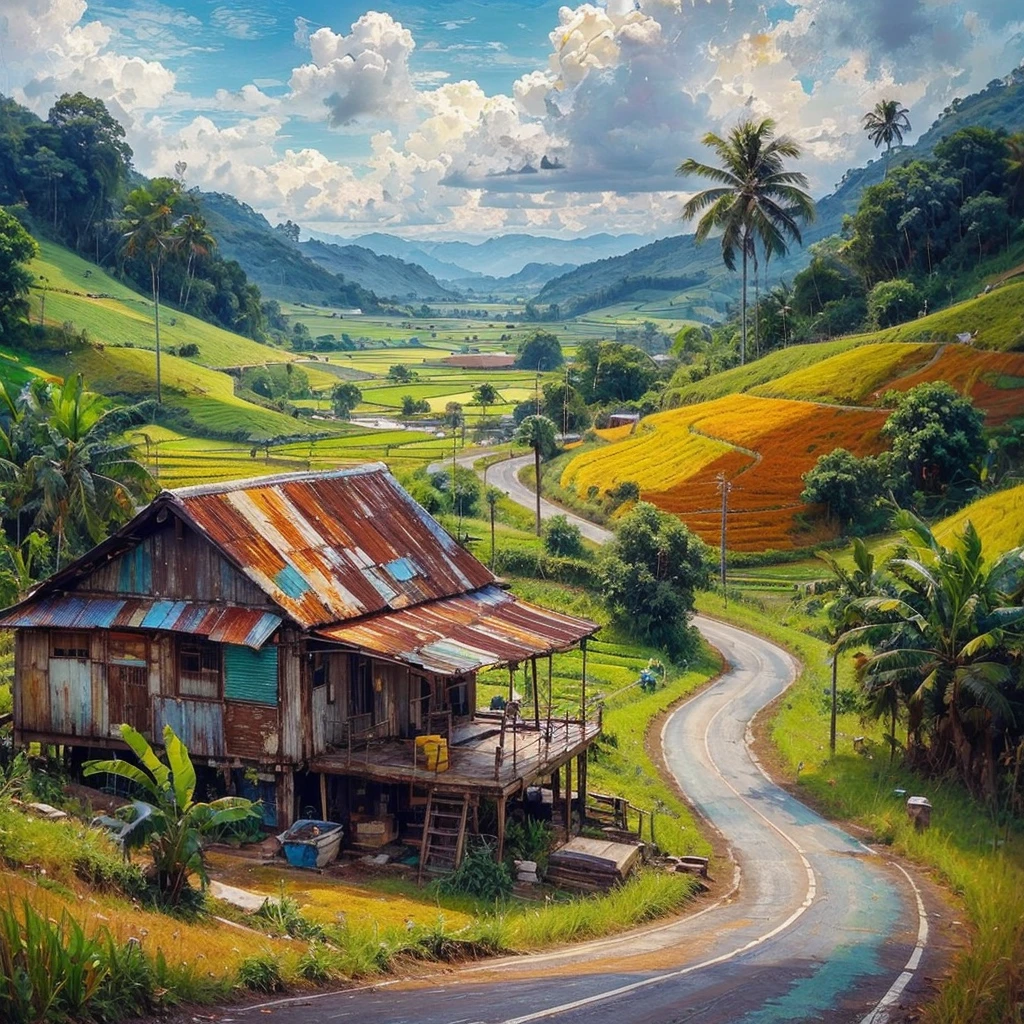 impressionist oil painting with impasto brush strokes, vibrant colors, On a highway for cars, the left side of the winding There is a paddy field in the flat area of Malaysia, On the right side of the tar road there is a village house with a rusty zinc roof, There is a wooden platform to sit on, there is a paddy field around the village house, There are coconut trees, Banana Tree, Weeds, Green hills, The sky and the clouds are clear