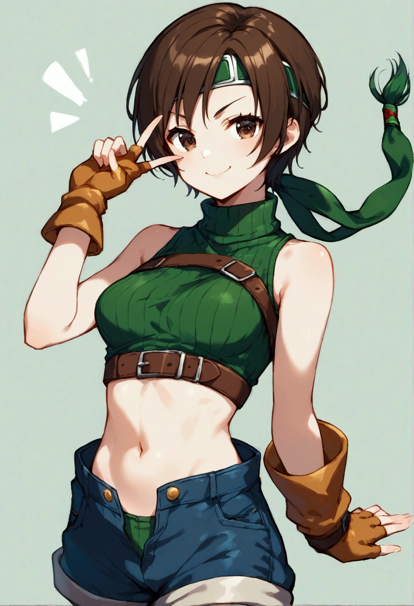 score_9, score_8_up, score_7_up,BREAK best quality,high quality,masterpiece,aesthetic,very aesthetic, soro,1girl,yuffie kisaragi,, final fantasy,short hair,headband,navel,sleeveless,turtleneck
brown eyes,
sleeveless turtleneck,gloves,crop top,brown hair,shorts,midriff,sweater,open fly,fingerless gloves,ribbed sweater,looking at viewer,smug,v,v-shaped eyebrows,wide eyes,