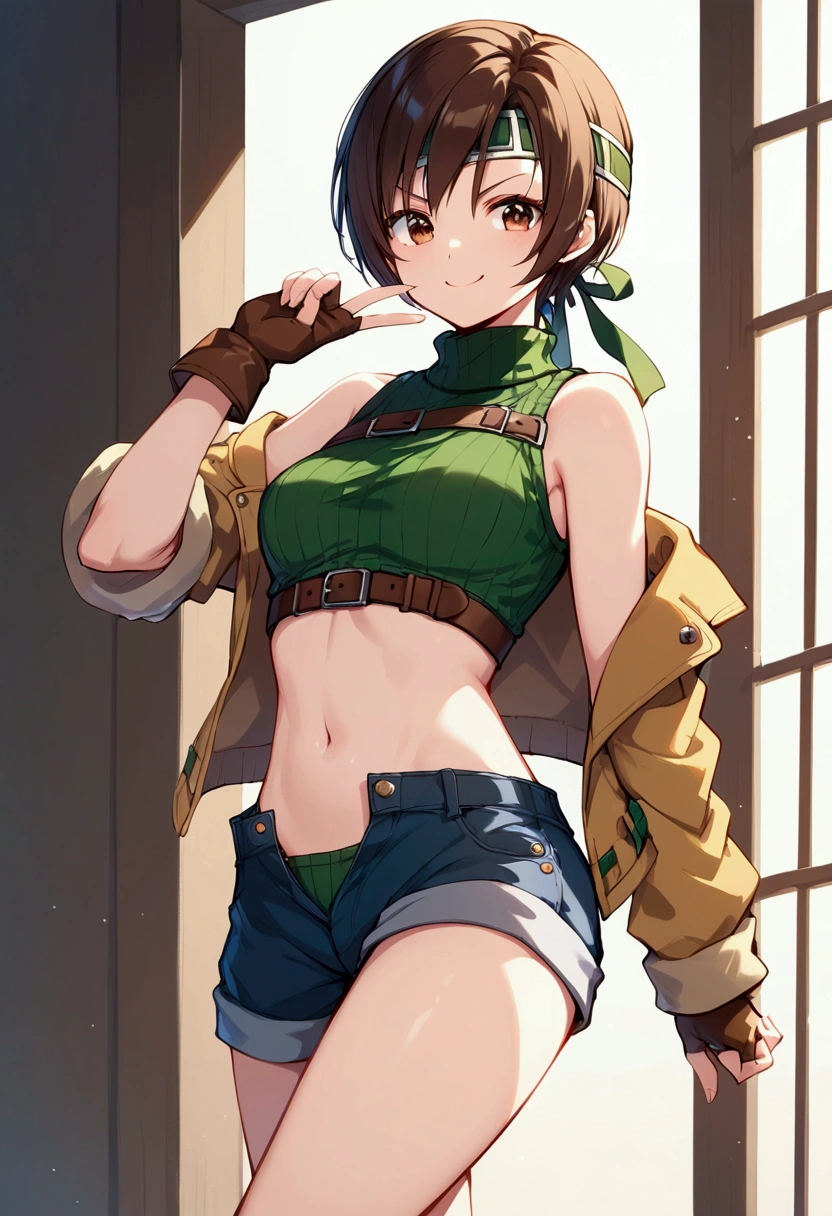 score_9, score_8_up, score_7_up,BREAK best quality,high quality,masterpiece,aesthetic,very aesthetic, soro,1girl,yuffie kisaragi,, final fantasy,short hair,headband,navel,sleeveless,turtleneck
brown eyes,
sleeveless turtleneck,gloves,crop top,brown hair,shorts,midriff,sweater,open fly,fingerless gloves,ribbed sweater,looking at viewer,smug,v,v-shaped eyebrows,wide eyes,