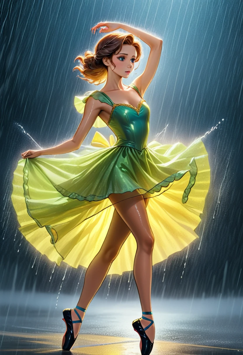 a portrait of female classical ballet prima ballerina dancing in the rain, a full body picture ((anatomically correct: 1.5)) of a exquisite beautiful female dancer wearing silk evening dress, intricate dress dynamic hair color, dynamic hair style, dynamic skin complexion, wearing ballet shoes, wearing thigh highs, ((she is standing in the middle of the rain storm: 1.5)), she is wet, yet enjoys the dance in the rain, cloudy night, lightning storm, dynamic background, vibrant, Ultra-high resolution, High Contrast, (masterpiece:1.5), highest quality, Best aesthetics), best details, best quality, highres, 16k, (ultra detailed: 1.5), masterpiece, best quality, (extremely detailed) RAW, (ultra details, Masterpiece, best quality), Cinematic Hollywood Film, artxldnc, princess dress