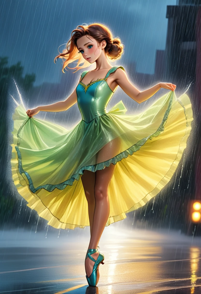 a portrait of female classical ballet prima ballerina dancing in the rain, a full body picture ((anatomically correct: 1.5)) of a exquisite beautiful female dancer wearing silk evening dress, intricate dress dynamic hair color, dynamic hair style, dynamic skin complexion, wearing ballet shoes, wearing thigh highs, ((she is standing in the middle of the rain storm: 1.5)), she is wet, yet enjoys the dance in the rain, cloudy night, lightning storm, dynamic background, vibrant, Ultra-high resolution, High Contrast, (masterpiece:1.5), highest quality, Best aesthetics), best details, best quality, highres, 16k, (ultra detailed: 1.5), masterpiece, best quality, (extremely detailed) RAW, (ultra details, Masterpiece, best quality), Cinematic Hollywood Film, artxldnc, princess dress