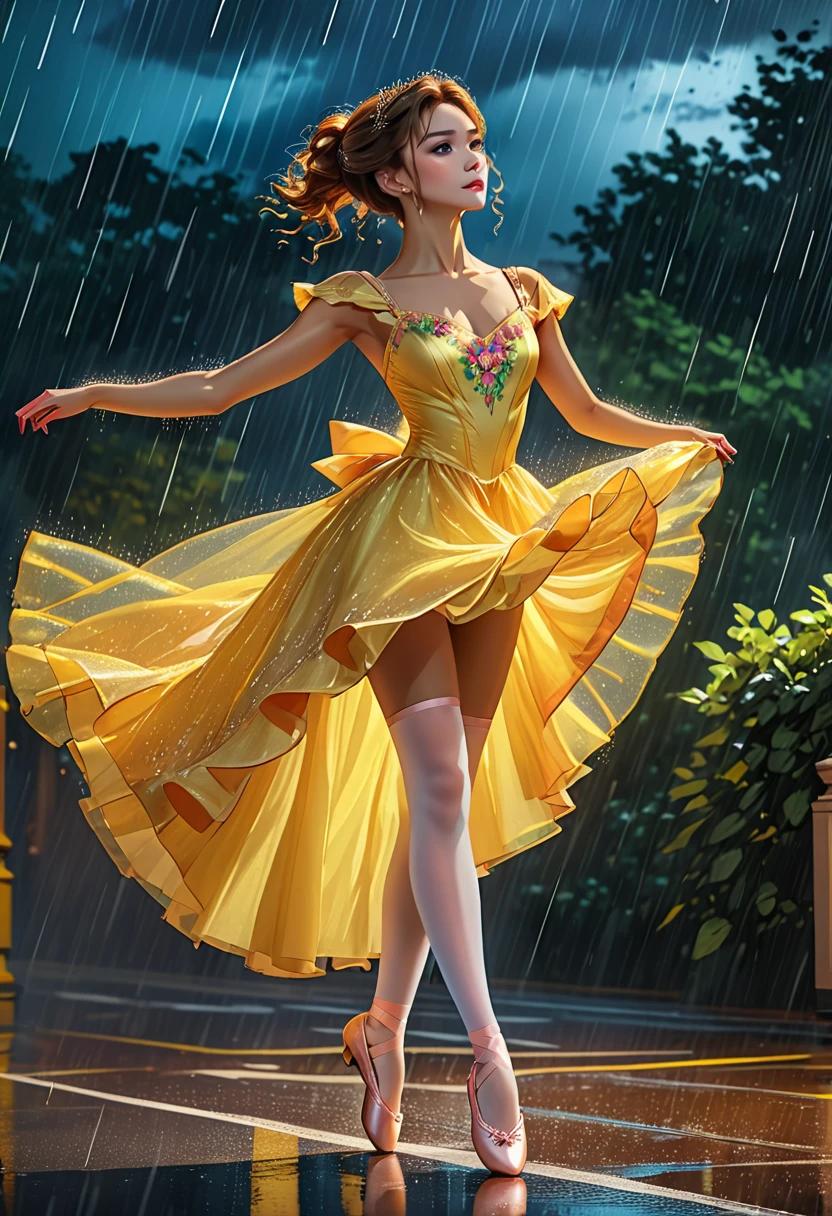 a portrait of female classical ballet prima ballerina dancing in the rain, a full body picture ((anatomically correct: 1.5)) of a exquisite beautiful female dancer wearing silk evening dress, intricate dress dynamic hair color, dynamic hair style, dynamic skin complexion, wearing ballet shoes, wearing thigh highs, ((she is standing in the middle of the rain storm: 1.5)),  she is wet, yet enjoys the dance in the rain, cloudy night, lightning storm, dynamic background, vibrant, Ultra-high resolution, High Contrast, (masterpiece:1.5), highest quality, Best aesthetics), best details, best quality, highres, 16k, (ultra detailed: 1.5), masterpiece, best quality, (extremely detailed) RAW, (ultra details, Masterpiece, best quality), Cinematic Hollywood Film, artxldnc, princess dress