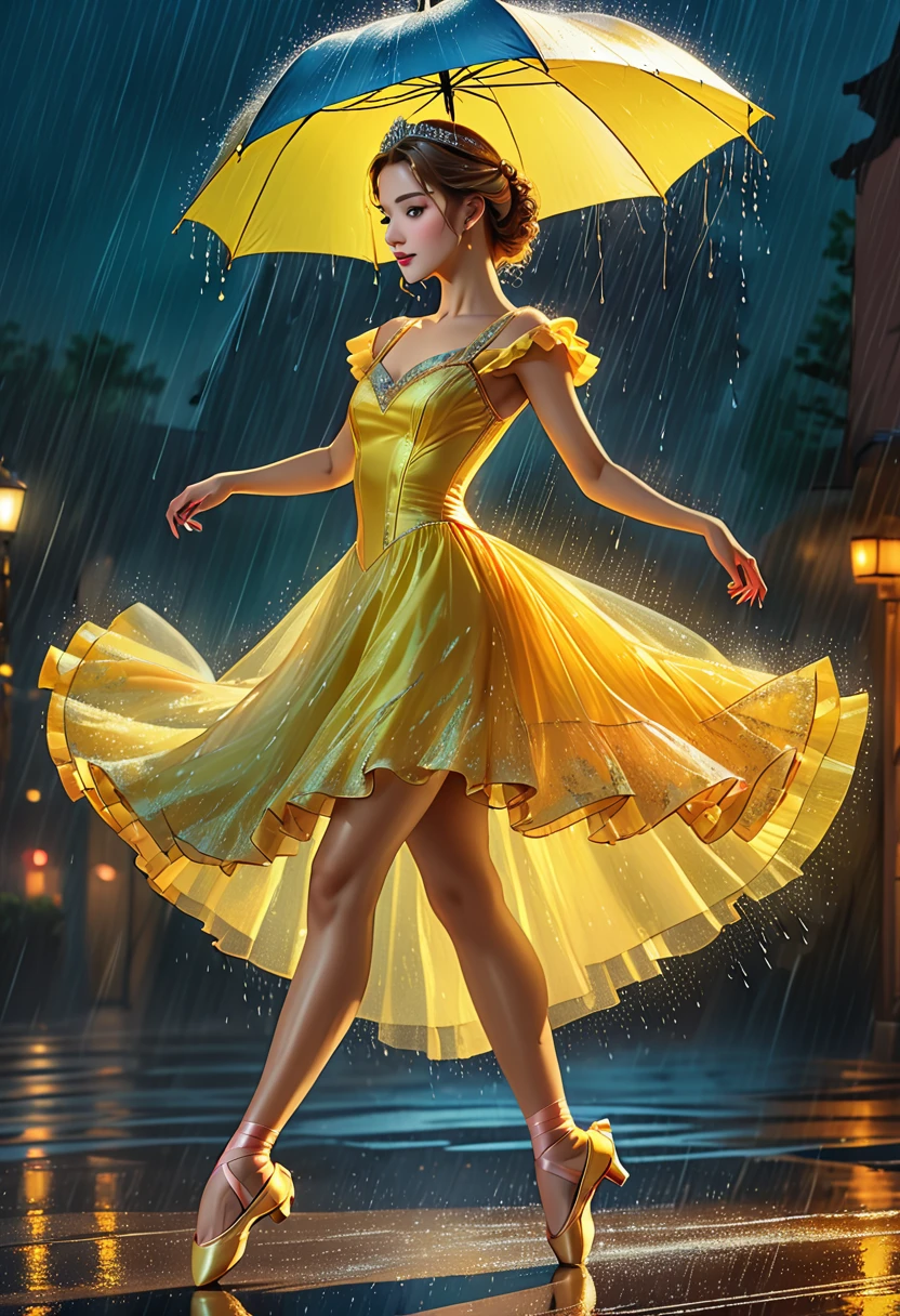 a portrait of female classical ballet prima ballerina dancing in the rain, a full body picture ((anatomically correct: 1.5)) of a exquisite beautiful female dancer wearing silk evening dress, intricate dress dynamic hair color, dynamic hair style, dynamic skin complexion, wearing ballet shoes, wearing thigh highs, ((she is standing in the middle of the rain storm: 1.5)),  she is wet, yet enjoys the dance in the rain, cloudy night, lightning storm, dynamic background, vibrant, Ultra-high resolution, High Contrast, (masterpiece:1.5), highest quality, Best aesthetics), best details, best quality, highres, 16k, (ultra detailed: 1.5), masterpiece, best quality, (extremely detailed) RAW, (ultra details, Masterpiece, best quality), Cinematic Hollywood Film, artxldnc, princess dress