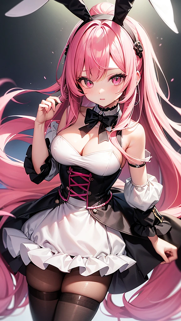 (Highest quality,High resolution,Very detailed,girl)black tights,Pink Hair,Height: 160cm,cute,Pink Eyes,Wearing bunny girl outfit,The hairstyle is long,Big Breasts,Her eyes are white and shining,Has bright white eyes,looks very shy，