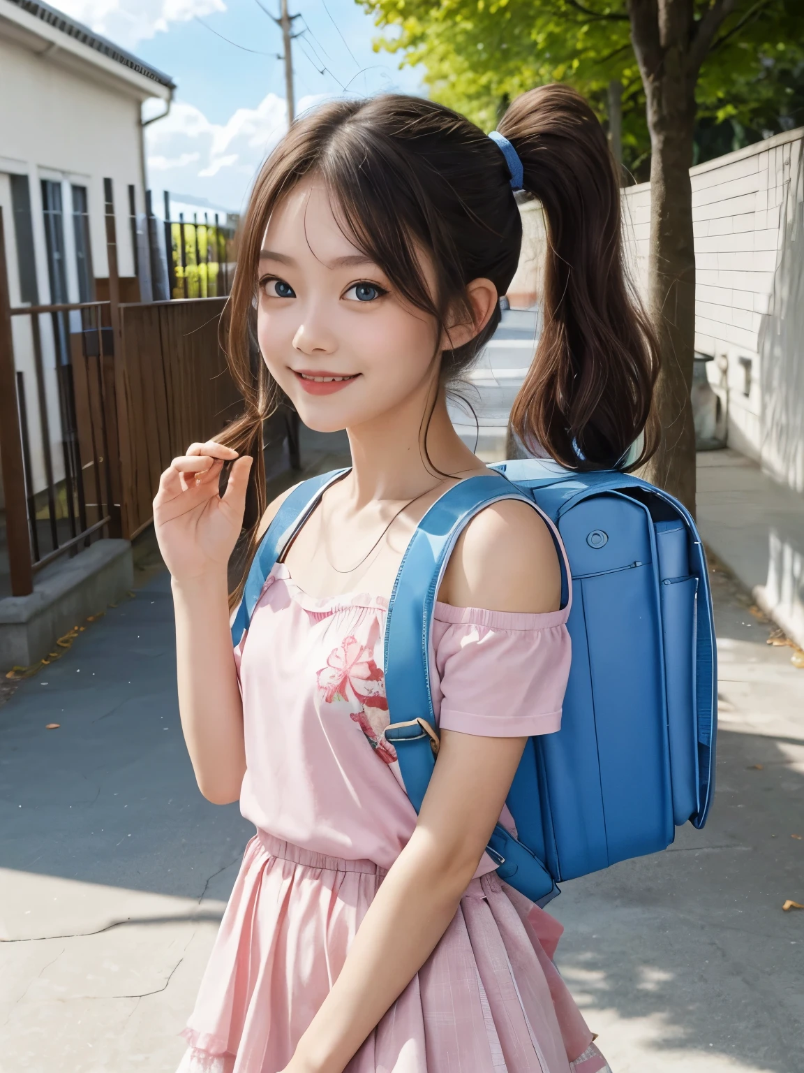 masterpiece, best quality, highres, 1girl, long hair, one side up, solo, ponytail,brown hair, blue eyes, bare shoulders, pink shirt, short sleeves, off-shoulder shirt, frills, blue skirt, cowboy shot, smile,standing, fullbody, wear high heels, wearing randoseru backpack, (randoseru backpack:1.2), outdoor, day