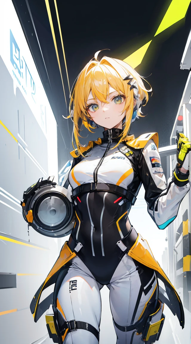 Remove all background，white solid background，black racing suit，Gradient yellow hair，Neon hair accessories，Light brown eyes，Social People，stand at attention，ID photo