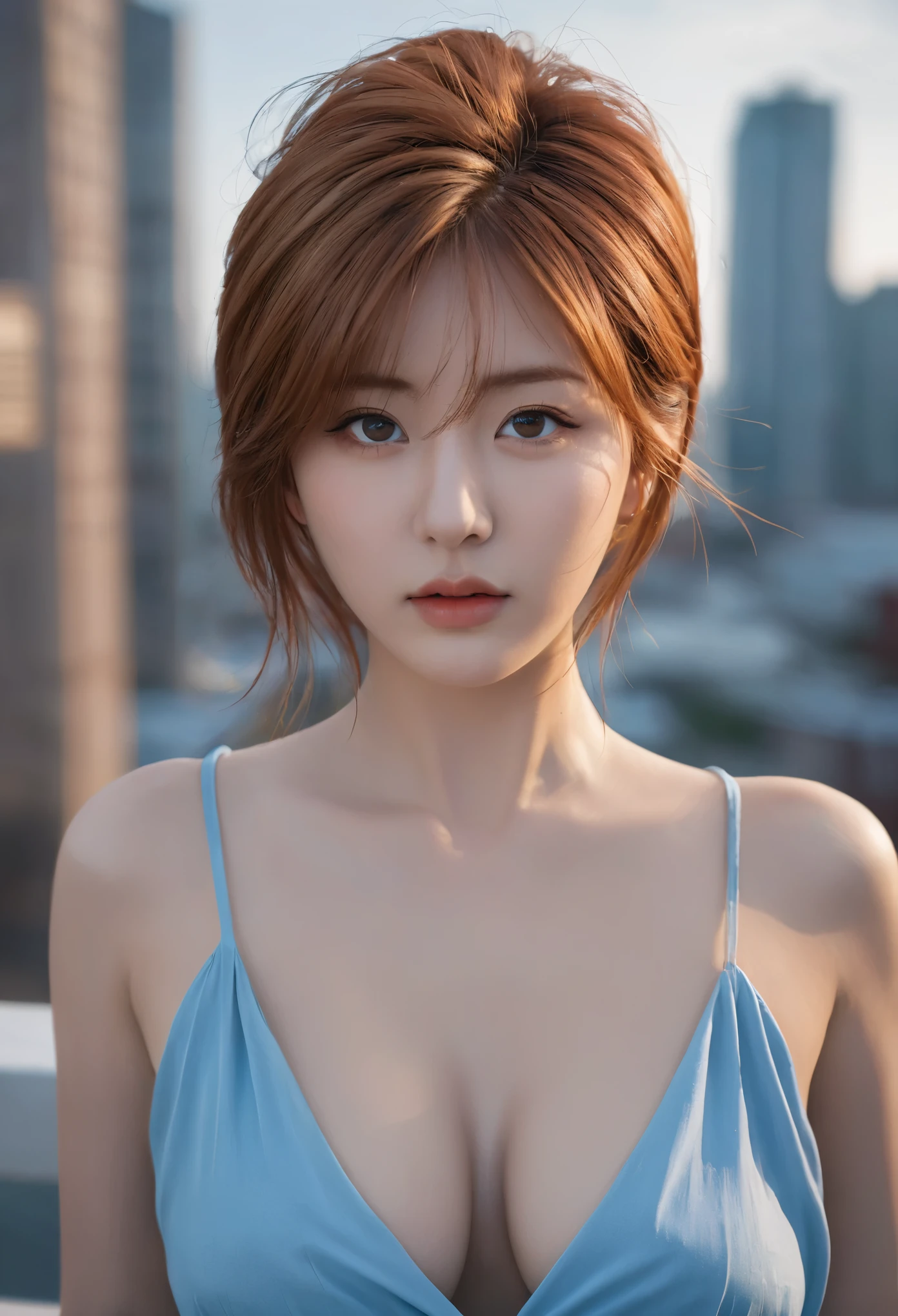 long windblown blue-caramel hair, looking at viewer, masterpiece, ((8k, photorealistic, RAW photo)), best quality, Indonesian, 1girl, beautiful face, realistic face, caramel hair, short hair, beautiful hairstyle, realistic eyes, beautiful detailed eyes, realistic skin, beautiful skin, attractive, ultra high res, ultra realistic, highly detailed, golden ratio, standing, front view, open stance, model posing, upper body, ((huge breasts)), concentrated expression, exposed breast shape, exposed breasts cleavage, night rooftop, city view, ultra detailed, hyper sharp, sharp focus, K-pop idol, J-pop idol, Italian woman, portraits, anime style, vibrant colors, bokeh lighting, ((Stretch out the breasts of the miniset)), upon body from head to thigh