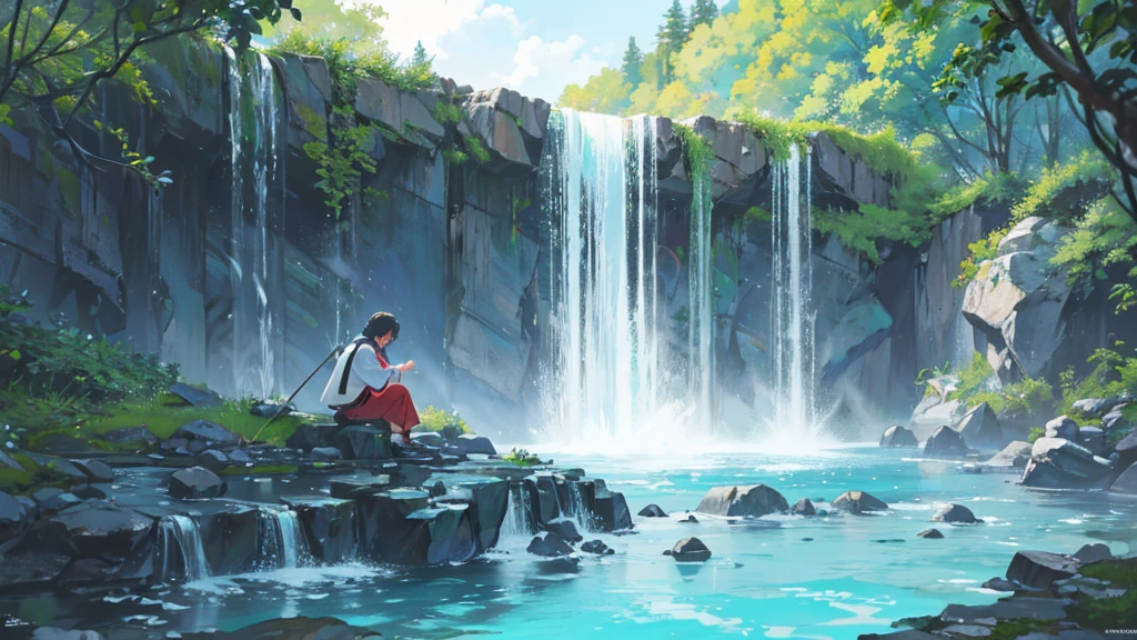 The cascading waterfall plummeted into a crystal-clear pool, creating a mesmerizing display of power and beauty、Anime character, man, looking away, sitting on a rock, fishing, Japanese-style clothes, fantastic