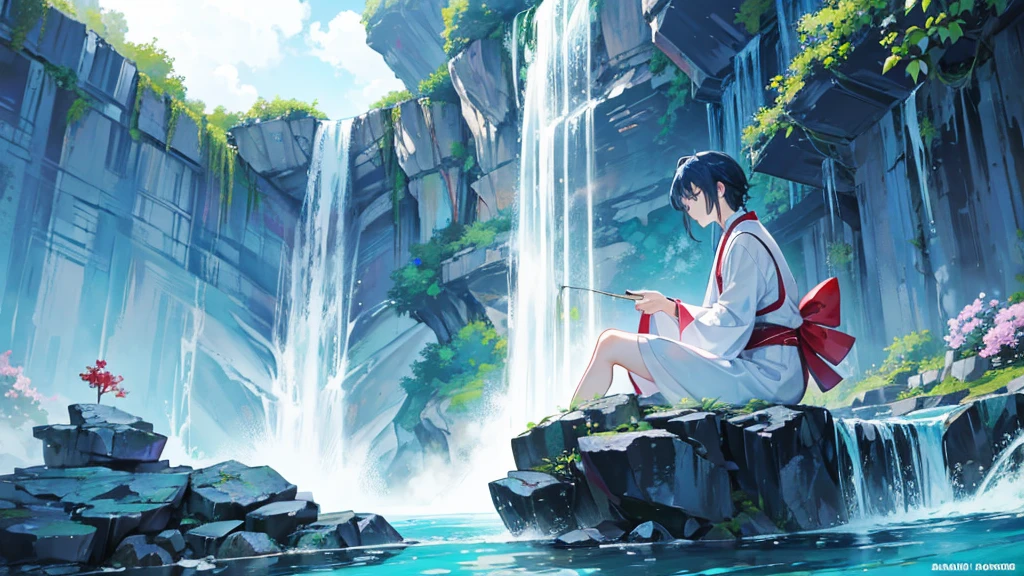 The cascading waterfall plummeted into a crystal-clear pool, creating a mesmerizing display of power and beauty、Anime character, man, looking away, sitting on a rock, fishing, Japanese-style clothes, fantastic