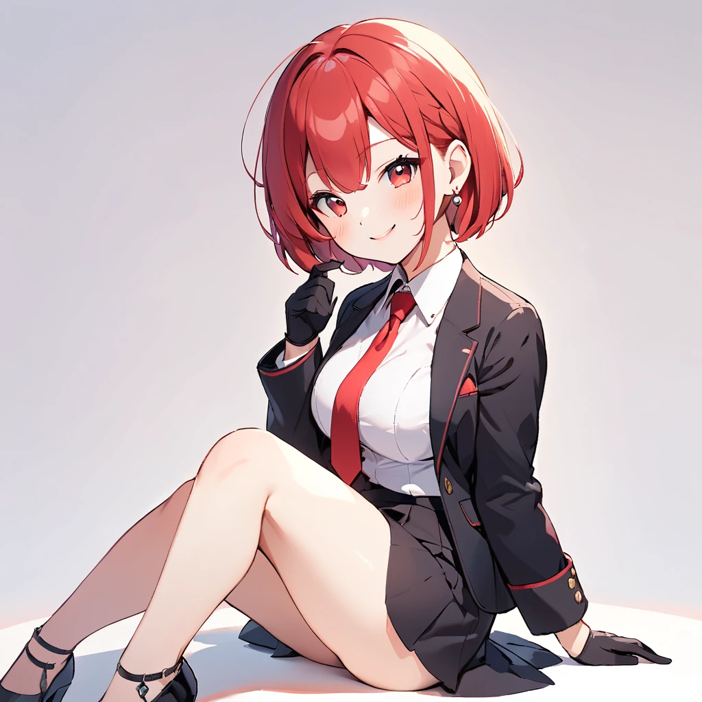 One Girl、最high quality、high quality、masterpiece((masterpiece, 最high quality:1.2), bazett, One girl, alone, short hair, Redhead, bangs, Red eyes, Large Breasts, Black gloves, Formal suit, tie, Jacket, Earrings,View your viewers, Dynamic pose、View your viewers,smile,White background only,whole body,From the side,One knee,Look to the side(Little),(Littleキャラ)