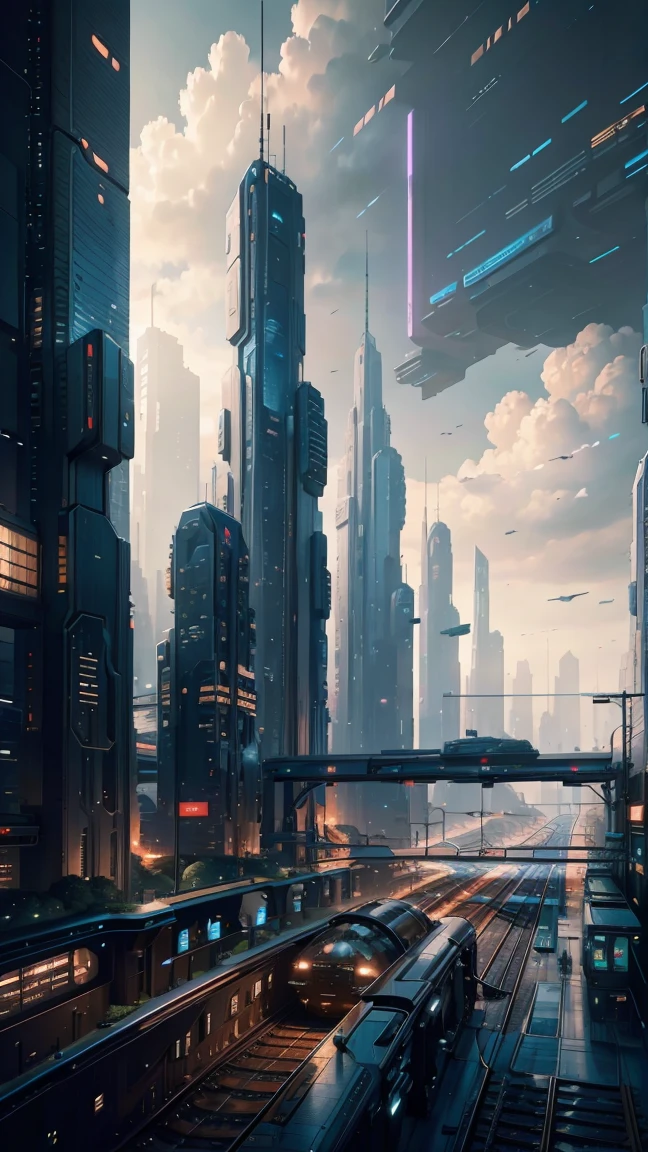 future city:1.5,station,train,building,master piece,highest quality,ultra high resolution,(Super detailed:1.2),8K,photorealistic,best aesthetic,beautiful