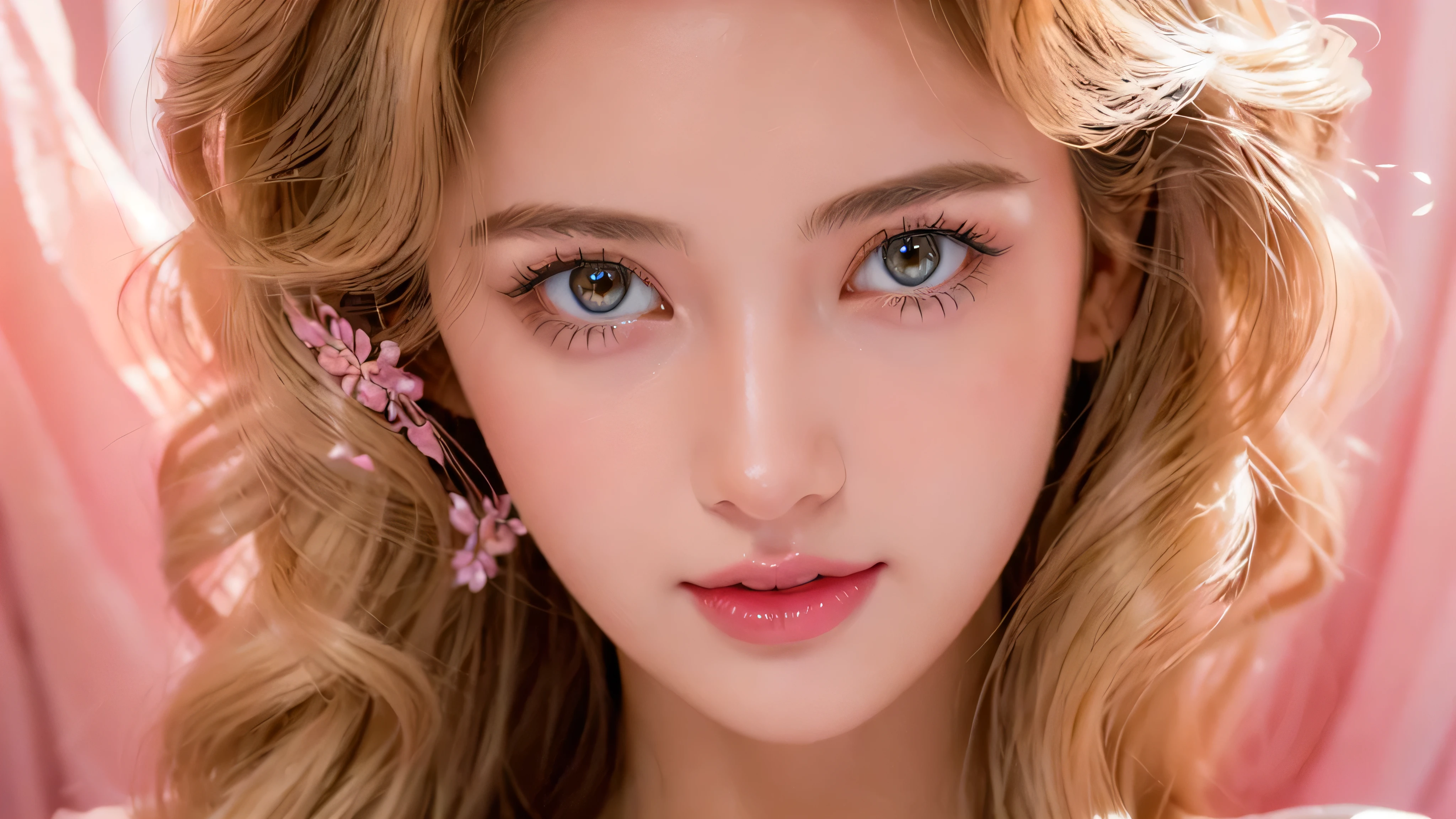 (close up of a beautiful 26 year old girl in a pink vintage dress: 1.2), movie stock photos, camera f1. 6, saturated colors, Vibrant, lifelike textures, Impressive classic lighting, Modern style, sexy full body photo, Evening, Curly hair has just been dyed light blonde