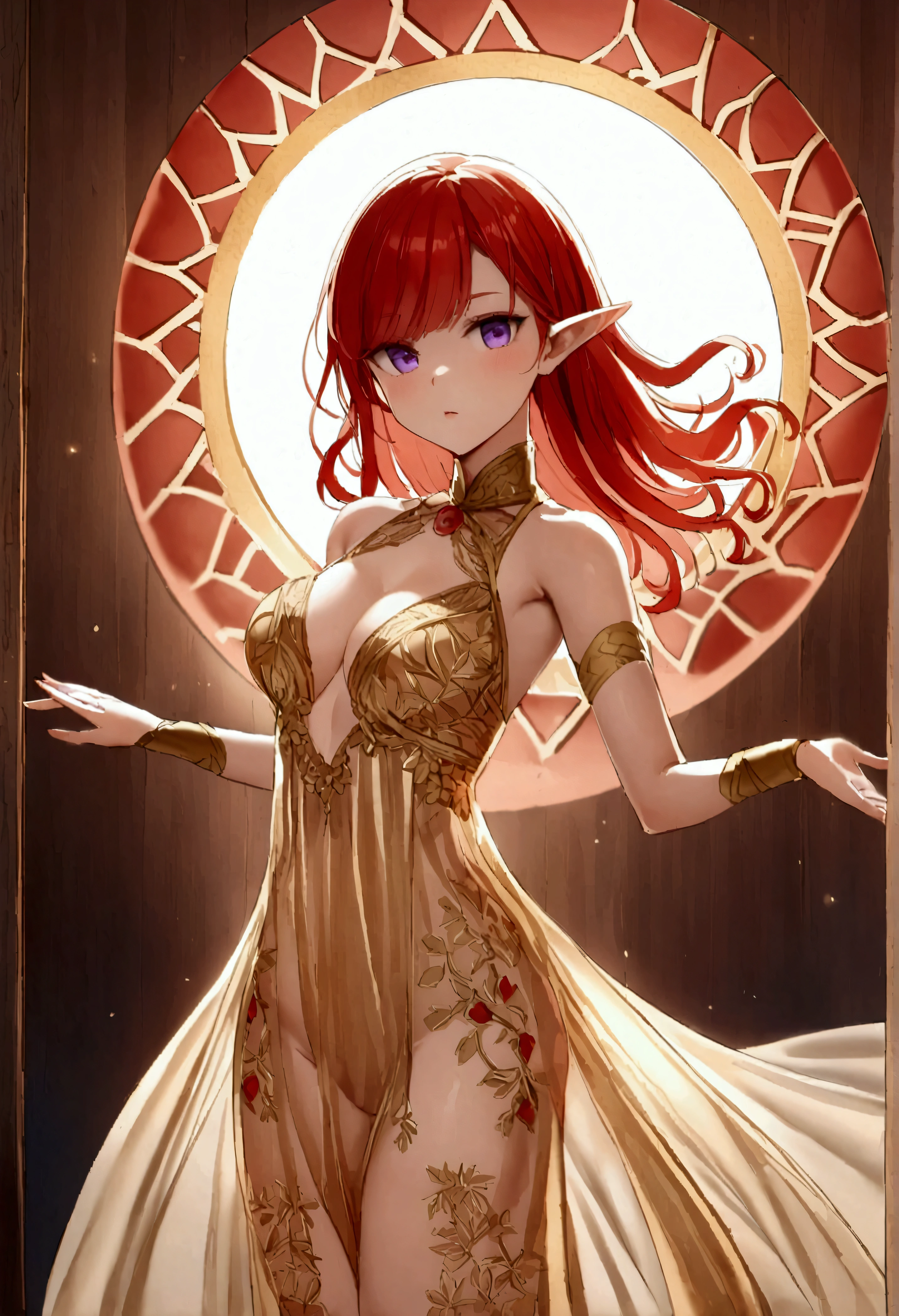 Kate Mara, age 25 (sun elf, almond skin, fire red hair curly, over large violet eyes, sheer golden silk gown with intricate embroidery, no underwear) doing a ritual dance (large exaggerated ballet like movements) to greet the sun, ivy covered shrine, show her from head to toe
