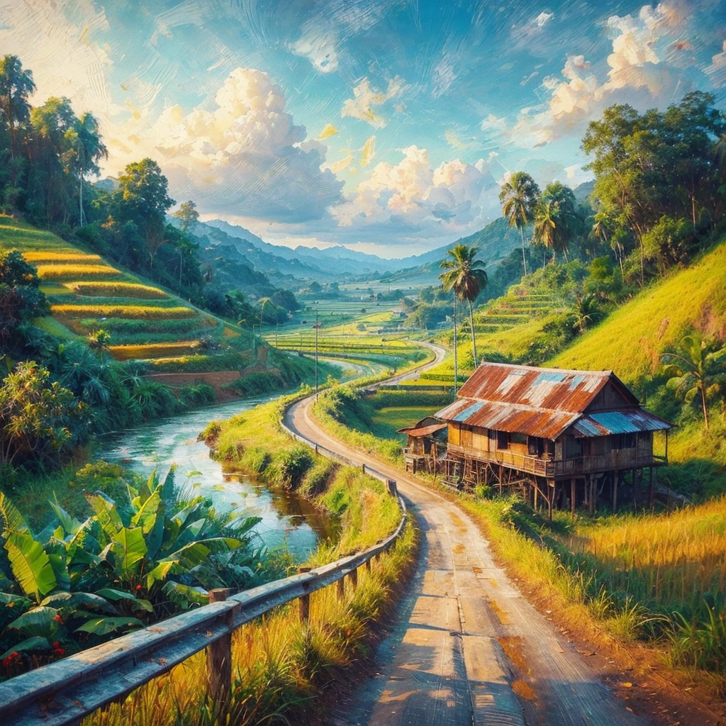 impressionist oil painting with impasto brush strokes, vibrant colors, On a highway for cars, the left side of the winding There is a paddy field in the flat area of Malaysia, On the right side of the tar road there is a village house with a rusty zinc roof, There is a wooden platform to sit on, there is a paddy field around the village house, There are coconut trees, Banana Tree, Weeds, Green hills, The sky and the clouds are clear