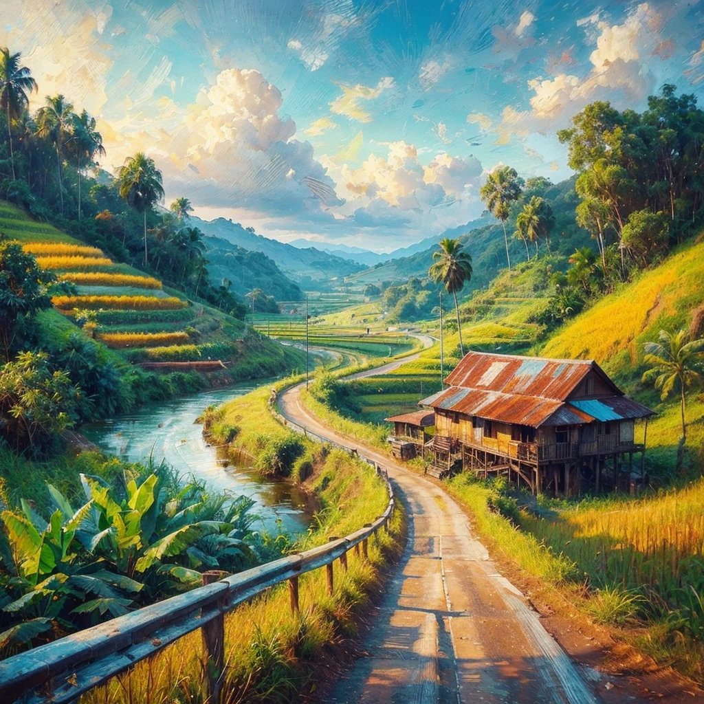 impressionist oil painting with impasto brush strokes, vibrant colors, On a highway for cars, the left side of the winding There is a paddy field in the flat area of Malaysia, On the right side of the tar road there is a village house with a rusty zinc roof,  There is a wooden platform to sit on, there is a paddy field around the village house, There are coconut trees, Banana Tree, Weeds, Green hills, The sky and the clouds are clear