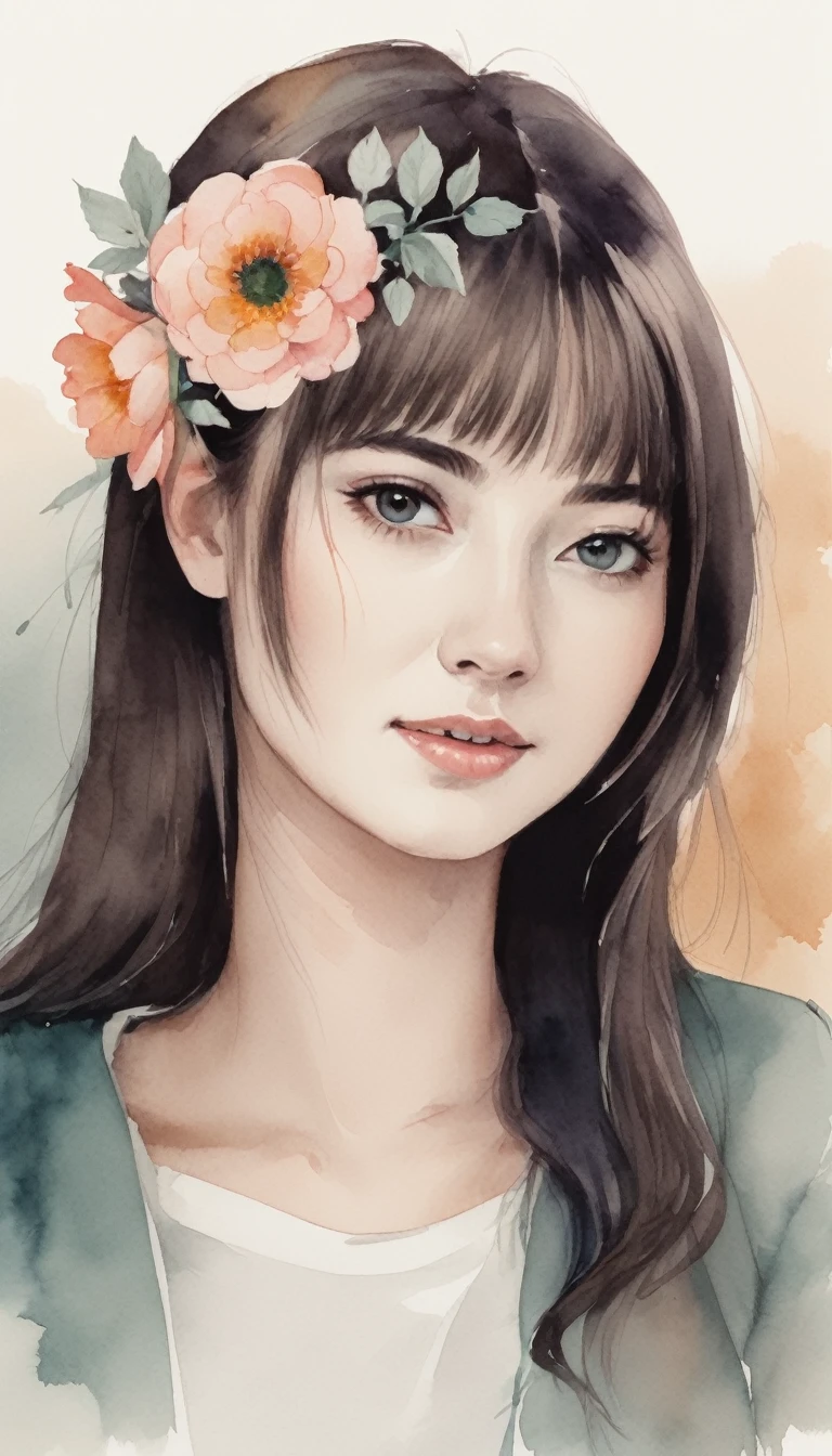 There is a drawing of a woman with a flower in her hair, Portrait illustration, No estilo de arte de Bowater, detailed illustration portrait, digital illustration portrait, desenho de estilo vetorial, retrato de arte de linha, in illustration style digital, retrato estilizado, Cartoon style illustration, retrato detalhado, retrato bonito, Directed by: Milton Menasco, retrato dos desenhos animados, watercolor illustration style
