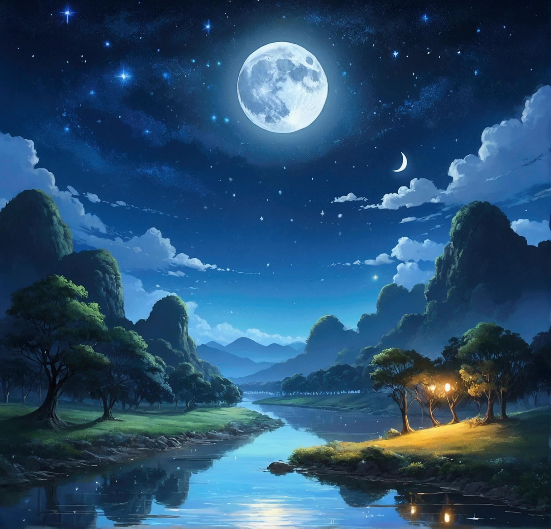 A painting of a river with stars and moon in the sky, concept art inspired by Tosa Mitsuoki, pixiv contest winner, best quality, fantasy art, beautiful anime scene, a bright moon, moonlit starry environment, dream painting, Anime Background Art, Fantasy Landscape Art, Fantasy Night, Anime Background, Background Artwork, Fantastic Art, Atmospheric Anime, Starry Sky, Detail Enhanced.