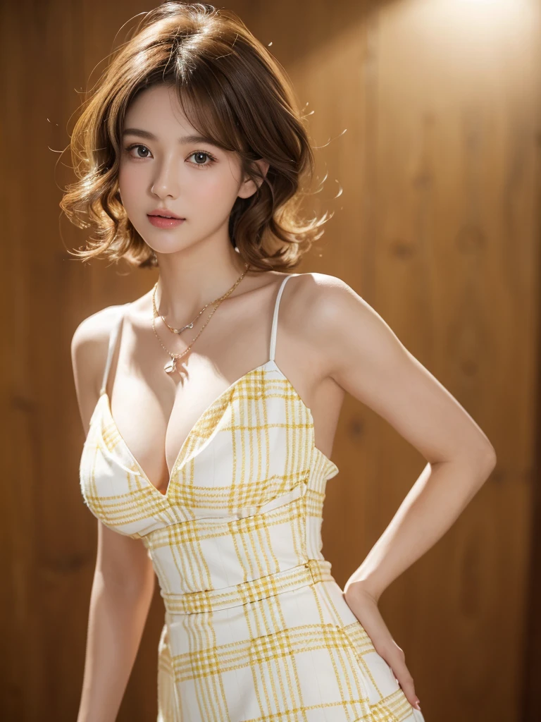 A beautiful 28 year old girl wearing a light yellow and white plaid dress, light brown hair slightly curled in TOMBoy style, Stand with your back turned and your head turned, wear a necklace, noble style, extremely beautiful face, smooth white skin, moderate chest, full, firm, beautiful cleavage, 8k, studio lighting, Background blur effect, girl&#39;s upper body.