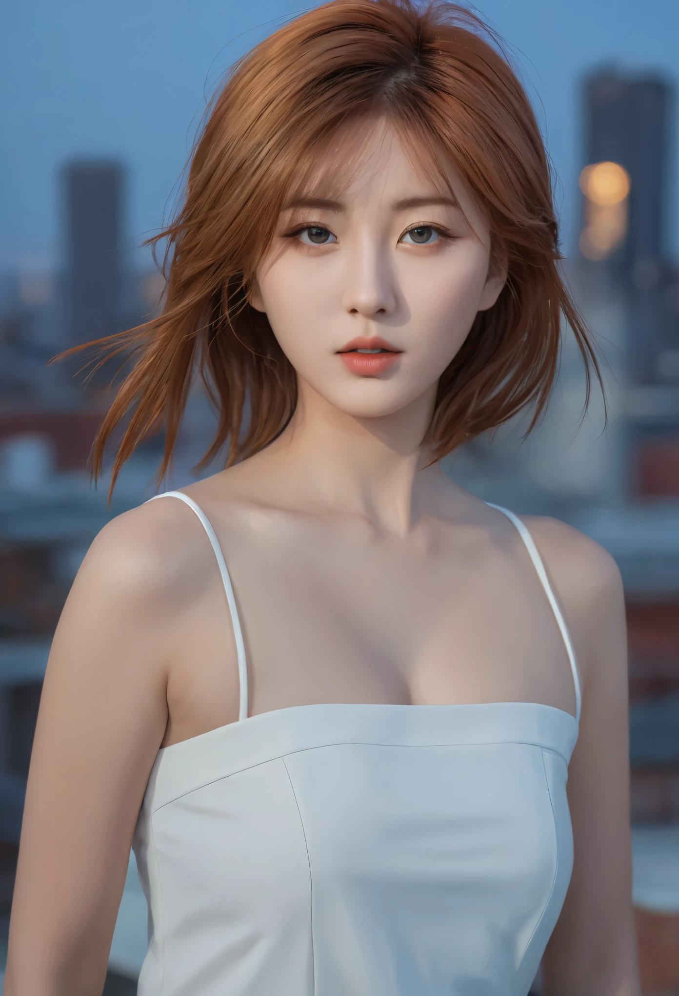 long windblown blue-caramel hair, looking at viewer, masterpiece, ((8k, photorealistic, RAW photo)), best quality, Indonesian, 1girl, beautiful face, realistic face, caramel hair, short hair, beautiful hairstyle, realistic eyes, beautiful detailed eyes, realistic skin, beautiful skin, attractive, ultra high res, ultra realistic, highly detailed, golden ratio, standing, front view, open stance, model posing, upper body, ((huge breasts)), concentrated expression, exposed breast shape, exposed breasts cleavage, night rooftop, city view, ultra detailed, hyper sharp, sharp focus, K-pop idol, J-pop idol, Italian woman, portraits, anime style, vibrant colors, bokeh lighting, ((Stretch out the breasts of the miniset)), upon body from head to thigh