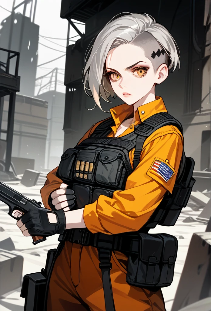 masterpiece, best quality, mature woman, (buzzcut hairstyle), gray hair, (villainous eyes), amber eyes, glossy lips, (mature face), serious expression, operative clothing, bulletproof vest, tactical vest, fingerless gloves, holding pistol, abandoned building
