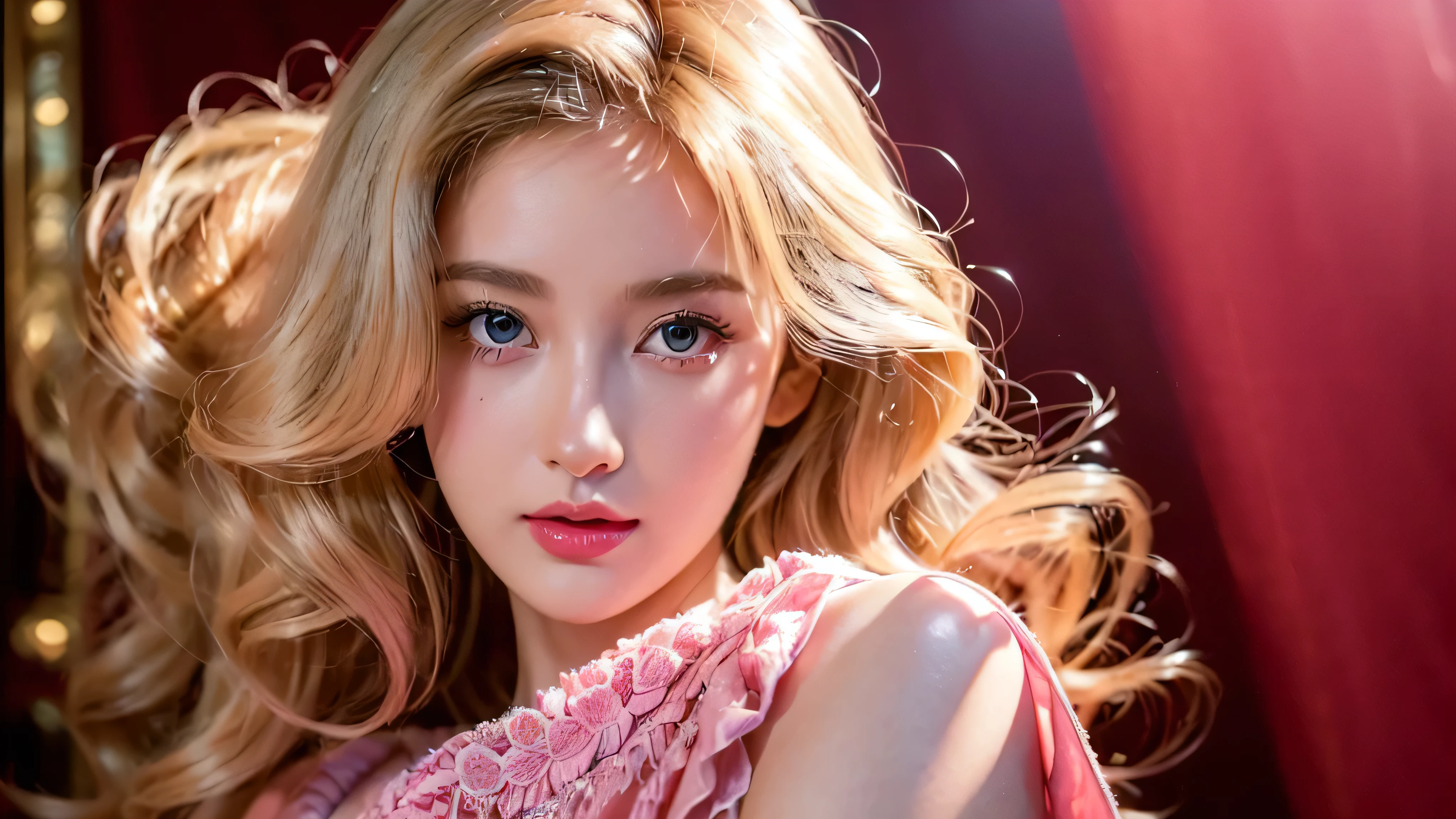 (close up of a beautiful 26 year old girl in a pink vintage dress: 1.2), movie stock photos, camera f1. 6, saturated colors, Vibrant, lifelike textures, Impressive classic lighting, Modern style, sexy full body photo, Evening, Curly hair has just been dyed light blonde