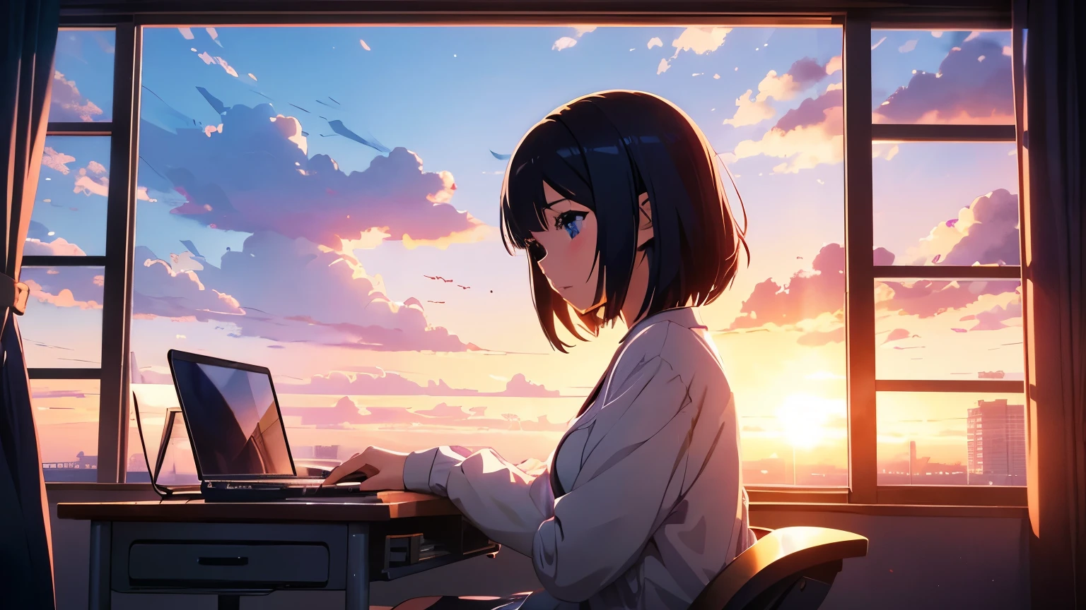 anime girl sitting at a desk with a laptop in front of a window, watching the sun set. anime, lofi girl, ilya kuvshinov landscape, 4k anime wallpaper, makoto shinkai cyril rolando, anime girl desktop background, tokyo anime scene, anime vibes, anime style 4 k, beautiful anime scene, anime wallpaper 4k