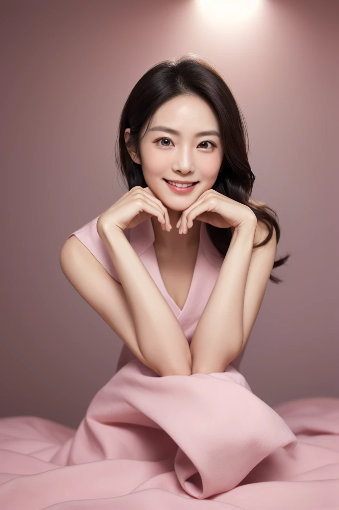 masterpiece,best quality,4k, (medium shot), 1girl, (hands under chin:1.4), smiling, wide smile, beautiful Japanese female nurse wearing pink Nurse uniform, beautiful detailed face, slim, black lob hair, brown eyes, pale skin, fair skin, realistic skin, detailed cloth texture, detailed hair texture, Perfect proportion, Beautiful Face, (perfect eyes), (detailed eyes), solid circle eyes, sparkling eyes, (clean eyes), accurate, Anatomically correct, Highly detailed face and skin texture , looking at viewer, modern hospital room, photorealistic,