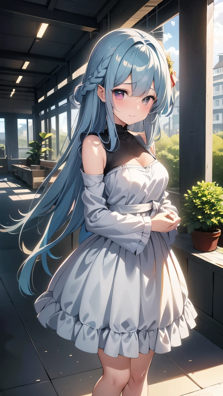 A girl around 13 years old, looking a little mature Active and casual dress Medium-long light ash blue hair Beautiful jade-colored almond eyes Approximately 125cm tall Outer space Relay spaceport lobby There are a number of people behind her Check-in counter in the far right corner Potted plants A planet can be seen through the window on the left Holding a travel bag Standing to the right Facing left and looking out the window