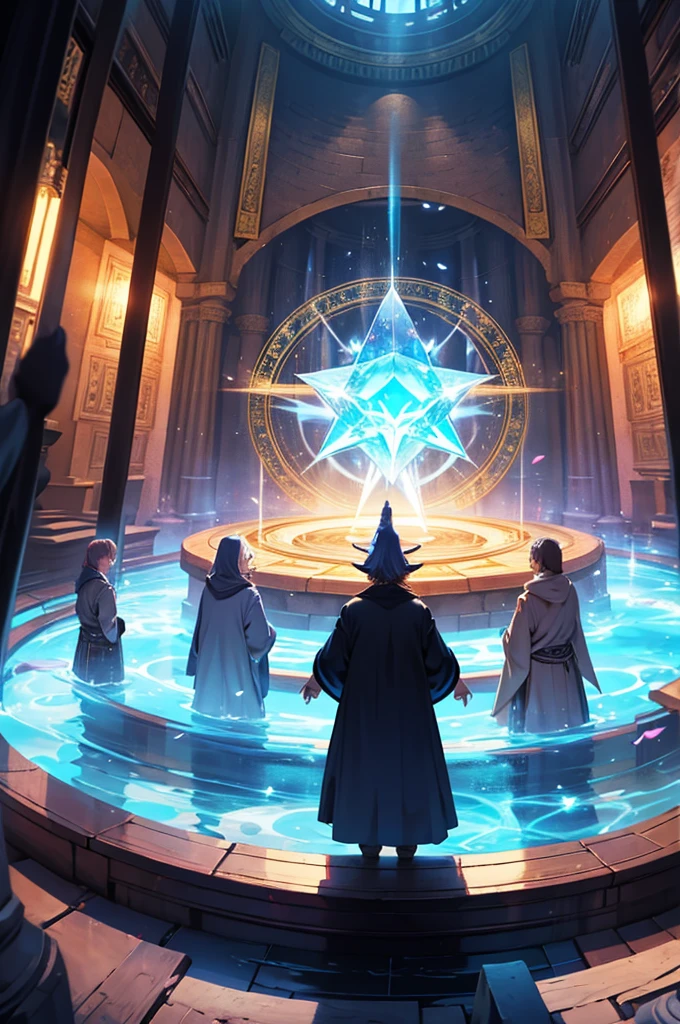 a group of sorcerers (10) who pray to a gigantic magic crystal which seems to float, in a temple, magic circle, magic sparks, detailled,
