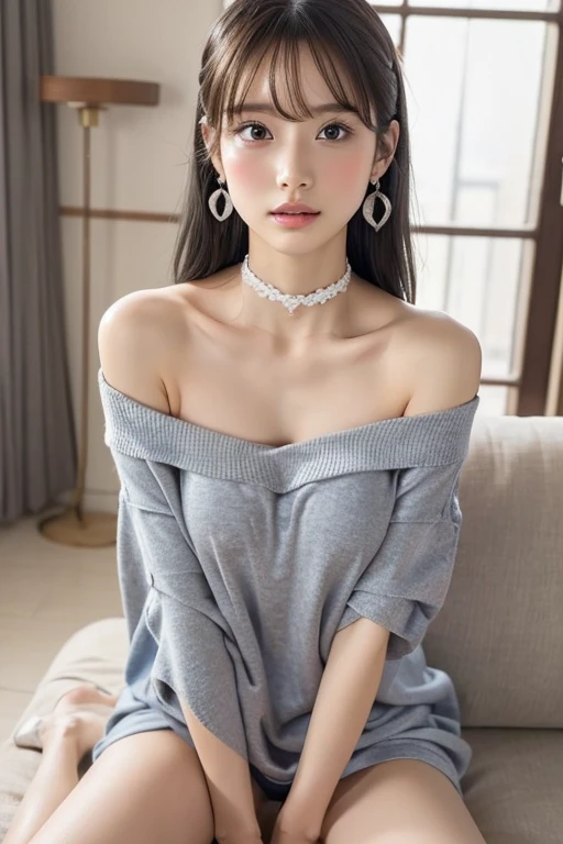 1 girl、17 year old female、cute、Gray-haired、clothing(Light blue oversized off-the-shoulder dress、Casual enough to show your underwear) And a very slim figure,,,,,、Very thin leganicules、Earrings、Pink Lip、choker、Real、Sexual、Highest quality、Detailed face、Detailed Background、Depth of written boundary、whole body viewing angle、Get on your knees and sit on the couch、Sexual、alone、night,Highest quality、High resolution、超High resolution(Real:1.4)Detailed eyes、Gradation、Perfect anatomical figure、Woman with perfect body、Highly detailed skin、非常にDetailed face、Beautiful eyes in every detail、Background Blur