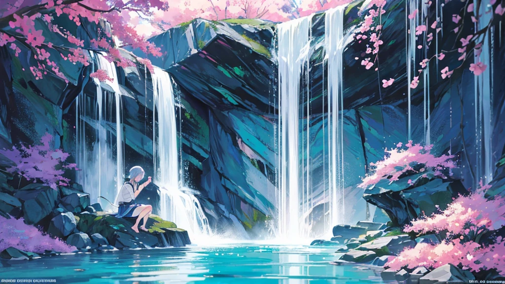 The cascading waterfall plummeted into a crystal-clear pool, creating a mesmerizing display of power and beauty、Anime character, man, looking away, sitting on a rock, fishing, Japanese-style clothes, fantastic、Full body