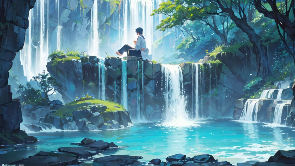 The cascading waterfall plummeted into a crystal-clear pool, creating a mesmerizing display of power and beauty、Anime character, man, looking away, sitting on a rock, fishing, Japanese-style clothes, fantastic、Full body