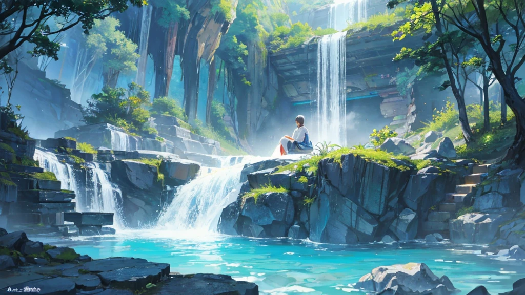 The cascading waterfall plummeted into a crystal-clear pool, creating a mesmerizing display of power and beauty、Anime character, man, looking away, sitting on a rock, fishing, Japanese-style clothes, fantastic、Full body