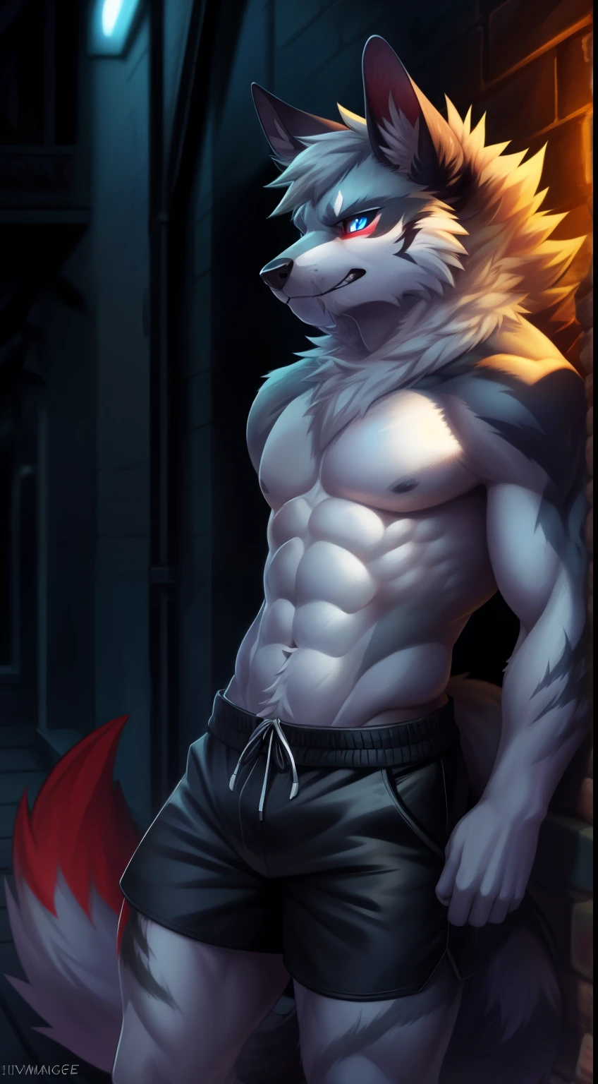 Correct anatomy，shaggy，shaggy，aardwolf（Abinuale people，A blue eye，A red eye，Cute meat pad，Dark-skinned，White belly，big wolf tail，Fluffy gray hair）））。Bare body，Be red in the face，sharp talons，，），Black  shorts，Submit to，drools，Extremely detailed art，Tesudo，flashy colors，profesional photo，Various angles，Detailed landscapes，HDT，ink，dark light，More attractive settings，Ultra 8k，HighDynamicRange。