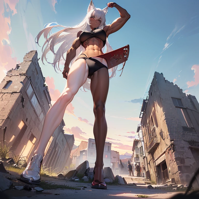 (8k, Realistic, RAW Photos, Highest quality, (from below:2),looking at the camera: 1.3), (Fox Girl, Fox Ears, Silver Hair, One Girl, Long Hair, (Alone on the screen, dark skin), High definition:1.6), (Bikini armor:2), (Body measurements are 99-55-77!, Height: 145cm, Nice body, Big Breasts, slender, muscle, (Stand with your legs apart, I can see the valley):1.9),(美しいface, Delicate drawing, It is written down in detail), Avatar, face, 色っぽいface, Dominant representation, naughty face, Uplifting, Skin Texture, outside, ruins, Ruined City, Broken Building, There are no people