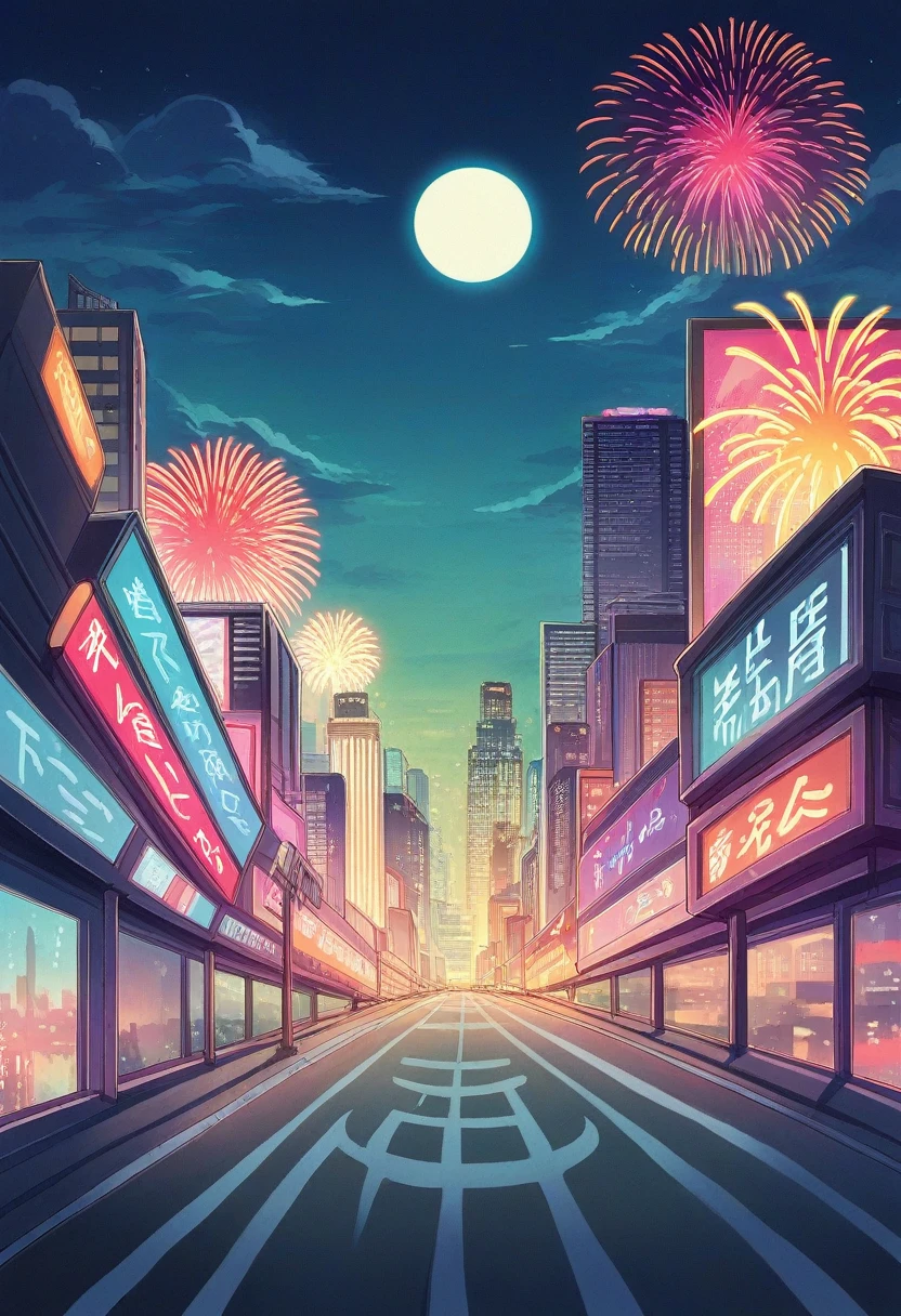 Fireworks in the sky、Bright cityscape with a full moon shining, Digital Art inspired by Hiroshi Nagai, Shutterstock Contest Winner, Digital Art, colorful city, Tokyo Background, Urban Background, Neon City in the background, Tokyo Mural, neo Tokyo Background, Vibrant city lights, Neon City, Neon megacity in the background, neon tokyo, Japanese city at night
