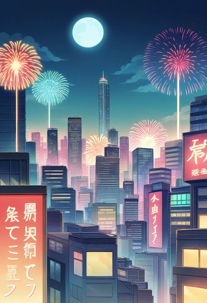 Fireworks in the sky、Bright cityscape with a full moon shining, Digital Art inspired by Hiroshi Nagai, Shutterstock Contest Winner, Digital Art, colorful city, Tokyo Background, Urban Background, Neon City in the background, Tokyo Mural, neo Tokyo Background, Vibrant city lights, Neon City, Neon megacity in the background, neon tokyo, Japanese city at night