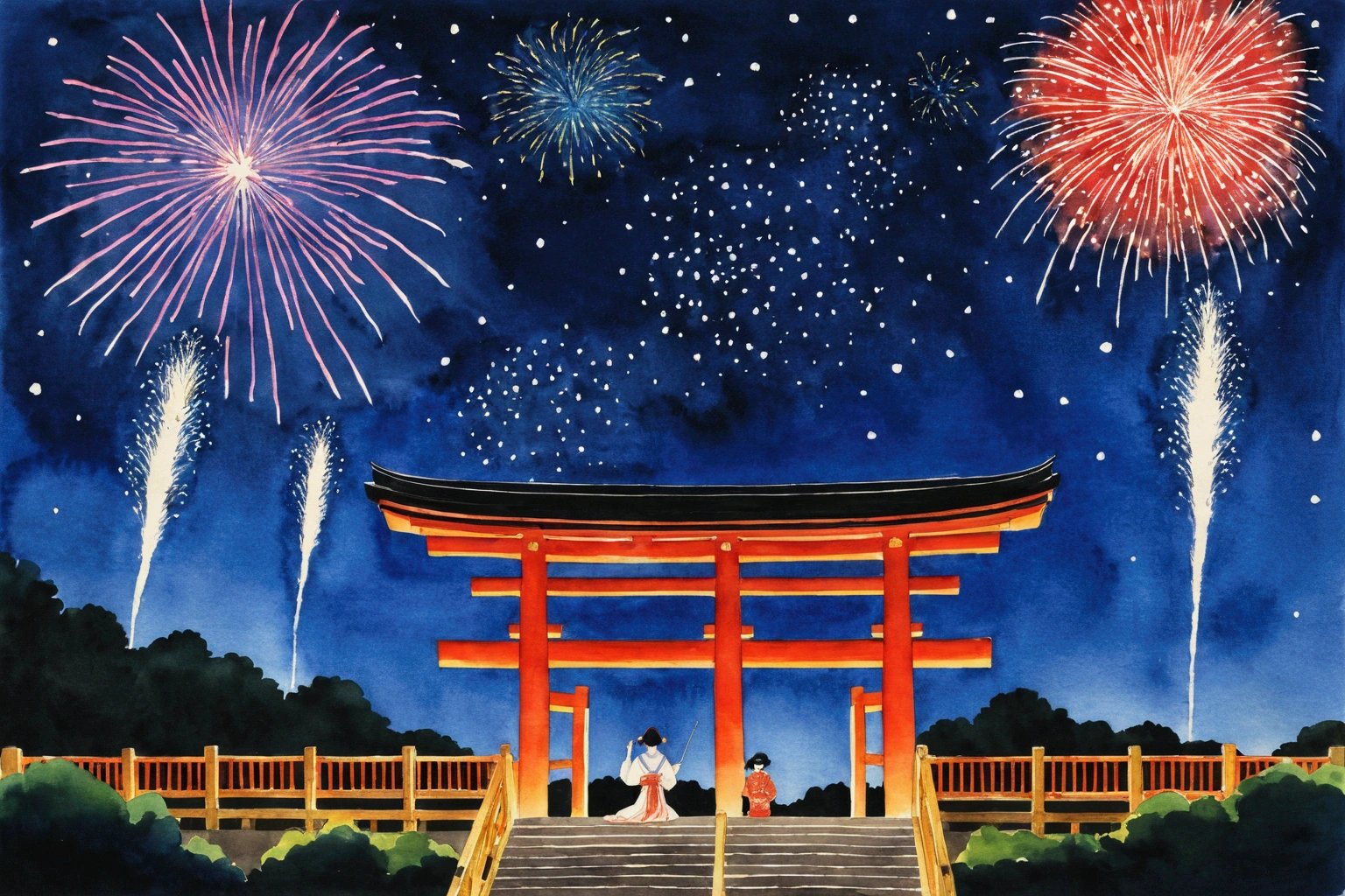 とても綺麗な着物の日本人女性がshrineでfireworkを見ている firework Night Sky shrine Watercolor Taisho Romance Night Skyにfirework 日本のfirework