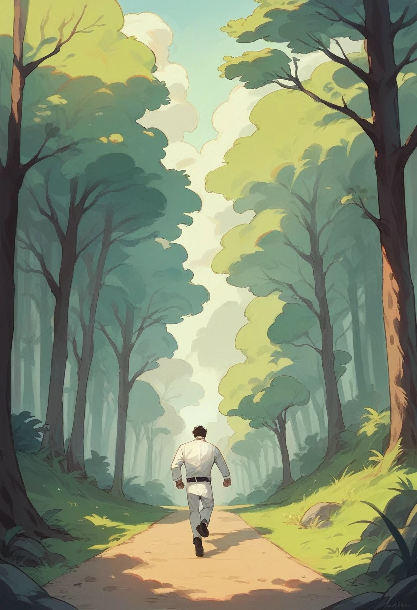 a black and white picture of an average asian man using white suit and tie, running in the forest