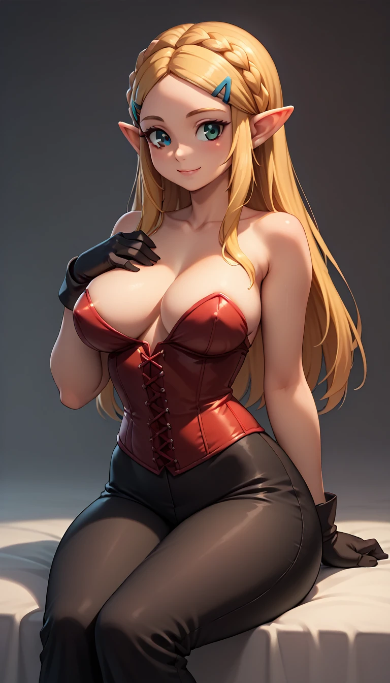 High resolution, Very detailed, perfect lighting, beautiful detailed eyes, ((masterpiece,Best Quality)), absurdities, alone, princess zelda, by the width, crown braid, Hair clip, pointy ears, Red corset, Gloves without fingers, black gloves, Black pants, tight pants, smile, curves, nod, , deep neckline, deep neckline, bare breasts, bare breasts, NSFW, visible nipples, visible nipples, Red corset, sitting, sitting, Primer plano frontal, Primer plano frontal, touching her breasts in a sexy way, touching her breasts in a sexy way, looking ahead, looking ahead
