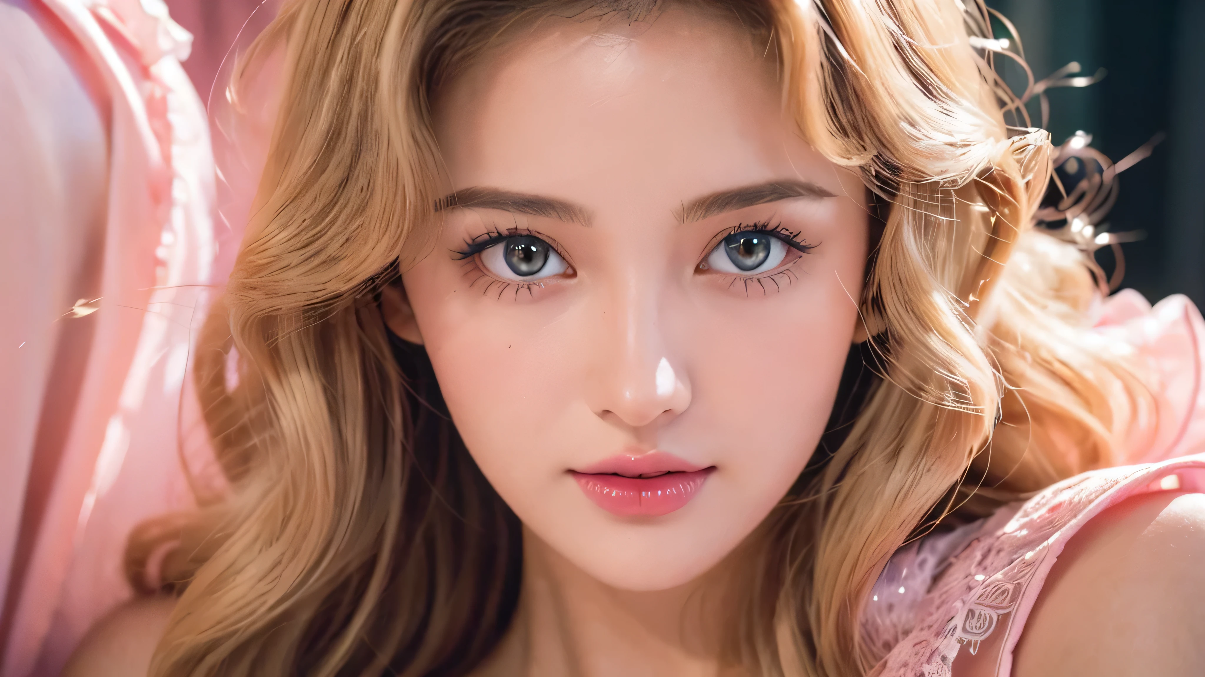 (close up of a beautiful 26 year old girl in a pink vintage dress: 1.2), movie stock photos, camera f1. 6, saturated colors, Vibrant, lifelike textures, Impressive classic lighting, Modern style, sexy full body photo, Evening, Curly hair has just been dyed light blonde