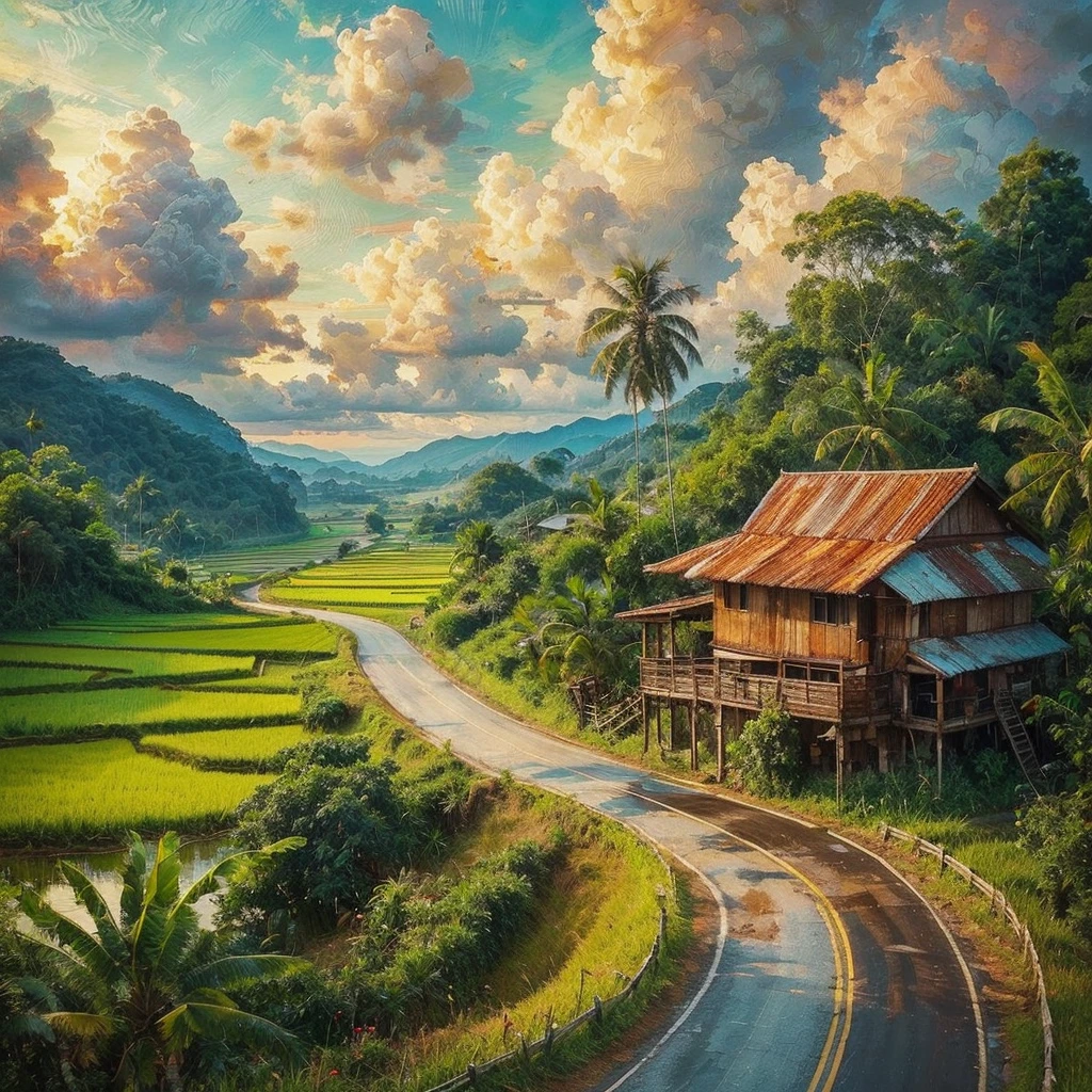 impressionist oil painting with impasto brush strokes, vibrant colors, On a highway for cars, the left side of the winding There is a paddy field in the flat area of Malaysia, On the right side of the tar road there is a village house with a rusty zinc roof, There is a wooden platform to sit on, there is a paddy field around the village house, There are coconut trees, Banana Tree, Weeds, Green hills, The sky and the clouds are clear