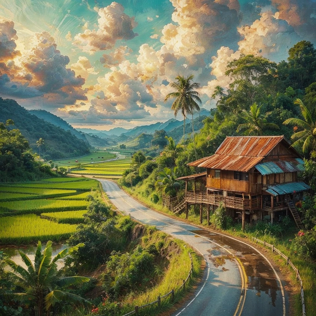 impressionist oil painting with impasto brush strokes, vibrant colors, On a highway for cars, the left side of the winding There is a paddy field in the flat area of Malaysia, On the right side of the tar road there is a village house with a rusty zinc roof, There is a wooden platform to sit on, there is a paddy field around the village house, There are coconut trees, Banana Tree, Weeds, Green hills, The sky and the clouds are clear