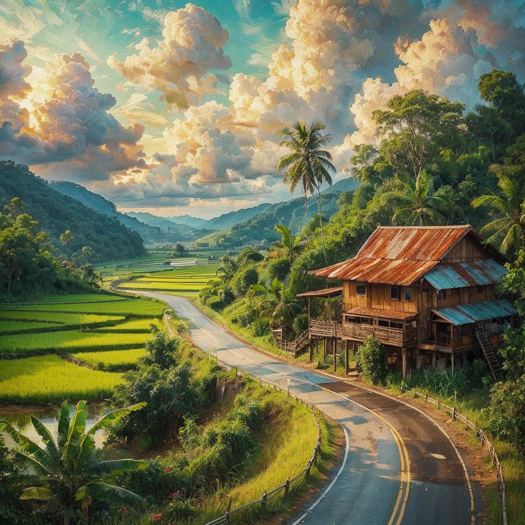 impressionist oil painting with impasto brush strokes, vibrant colors, On a highway for cars, the left side of the winding There is a paddy field in the flat area of Malaysia, On the right side of the tar road there is a village house with a rusty zinc roof,  There is a wooden platform to sit on, there is a paddy field around the village house, There are coconut trees, Banana Tree, Weeds, Green hills, The sky and the clouds are clear