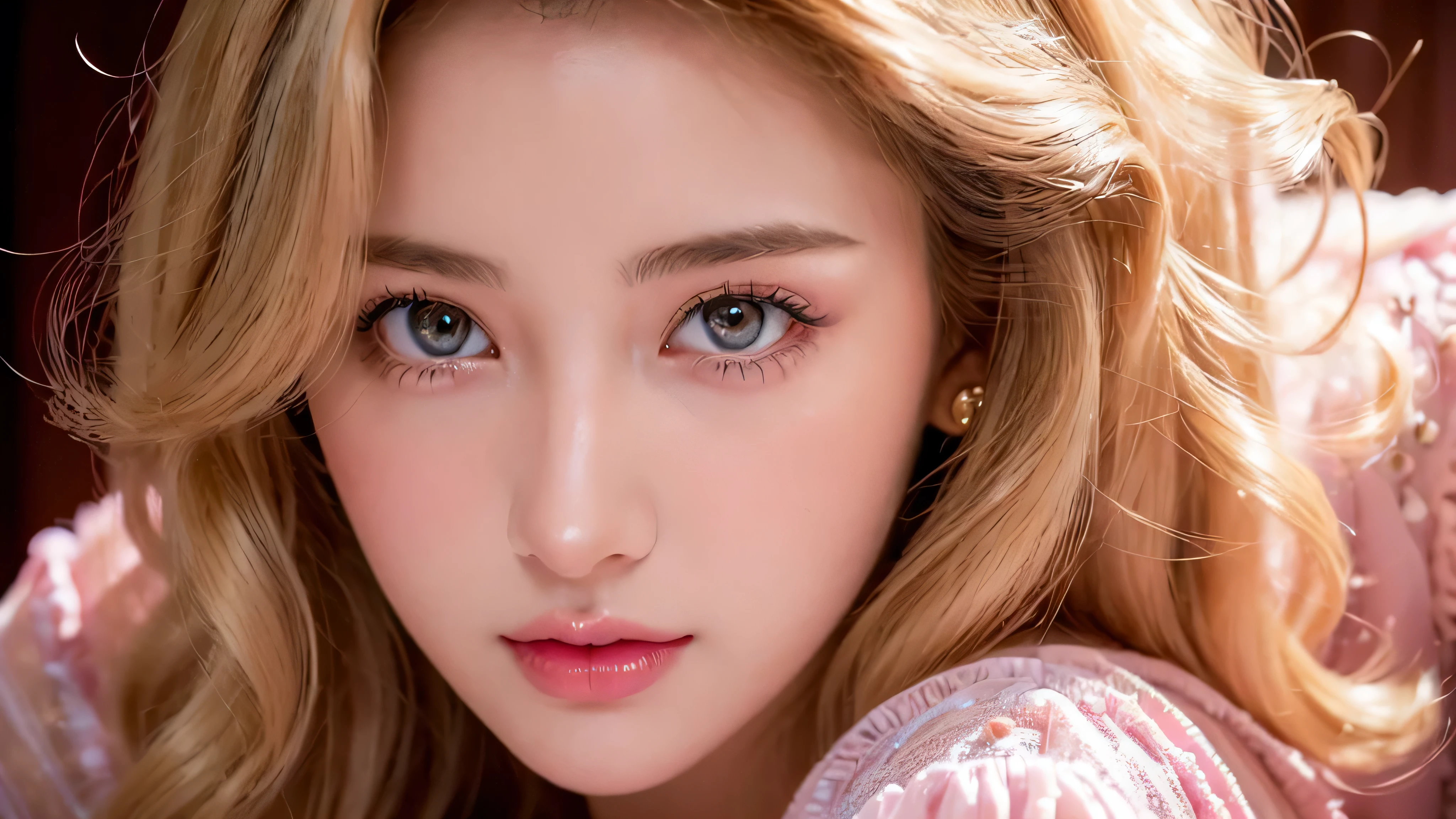 (close up of a beautiful 26 year old girl in a pink vintage dress: 1.2), movie stock photos, camera f1. 6, saturated colors, Vibrant, lifelike textures, Impressive classic lighting, Modern style, sexy full body photo, Evening, Curly hair has just been dyed light blonde