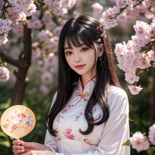 best quality, Delicate face,beautiful visual work, lifelike, eternity, black hair, Long curly hair, blunt bangs, Smile, 在flower园里, flower, Detailed Background, Delicate face,pink blush,cold,((masterpiece))、(top quality)、8k、high detail、Super detailed,21 years old female,Wearing Chinese cheongsam、Seductive and whimsical style、masterpiece、born、Scenes resembling fairy tale illustrations、intricate details和複雜的設計、Beautifully、magic、capricious、 Beautifully、Dream aesthetics、「𝓡𝓸𝓶𝓪𝓷𝓽𝓲𝓬、ethereal、charming、fickle、magic」、realism、Visual effects、FXAA、SSAO、Shader、voiceless、ambient lighting、Tone mapping、High resolution、Ultra high quality、Million pixels、(8K resolution:1.10)、8k、8k以下、8K resolution、high detail、intricate details, (high quality:1.2、masterpiece:1.2、:1.21)、(21 years old female:1.21)、(興奮地Smile)、(Surrounded by the dreamy atmosphere、Model diagram,full-body shot,Normal 2 feet,Don't show your fingers,The fan is unfolded under the chin