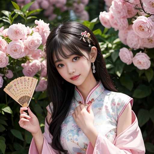 best quality, Delicate face，beautiful visual work, lifelike,  eternity, black hair, Long curly hair, blunt bangs, Smile, 在flower园里, flower, Detailed Background,  Delicate face，pink blush，cold，((masterpiece))、(top quality)、8k、high detail、Super detailed，21 years old female，Wearing Chinese cheongsam、Seductive and whimsical style、masterpiece、born、Scenes resembling fairy tale illustrations、intricate details和複雜的設計、Beautifully、magic、capricious、 Beautifully、Dream aesthetics、「𝓡𝓸𝓶𝓪𝓷𝓽𝓲𝓬、ethereal、charming、fickle、magic」、realism、Visual effects、FXAA、SSAO、Shader、voiceless、ambient lighting、Tone mapping、High resolution、Ultra high quality、Million pixels、(8K resolution:1.10)、8k、8k以下、8K resolution、high detail、intricate details， (high quality:1.2、masterpiece:1.2、:1.21)、(21 years old female:1.21)、(興奮地Smile)、(Surrounded by the dreamy atmosphere、Model diagram，full-body shot，Normal 2 feet，Don't show your fingers，The fan is unfolded under the chin