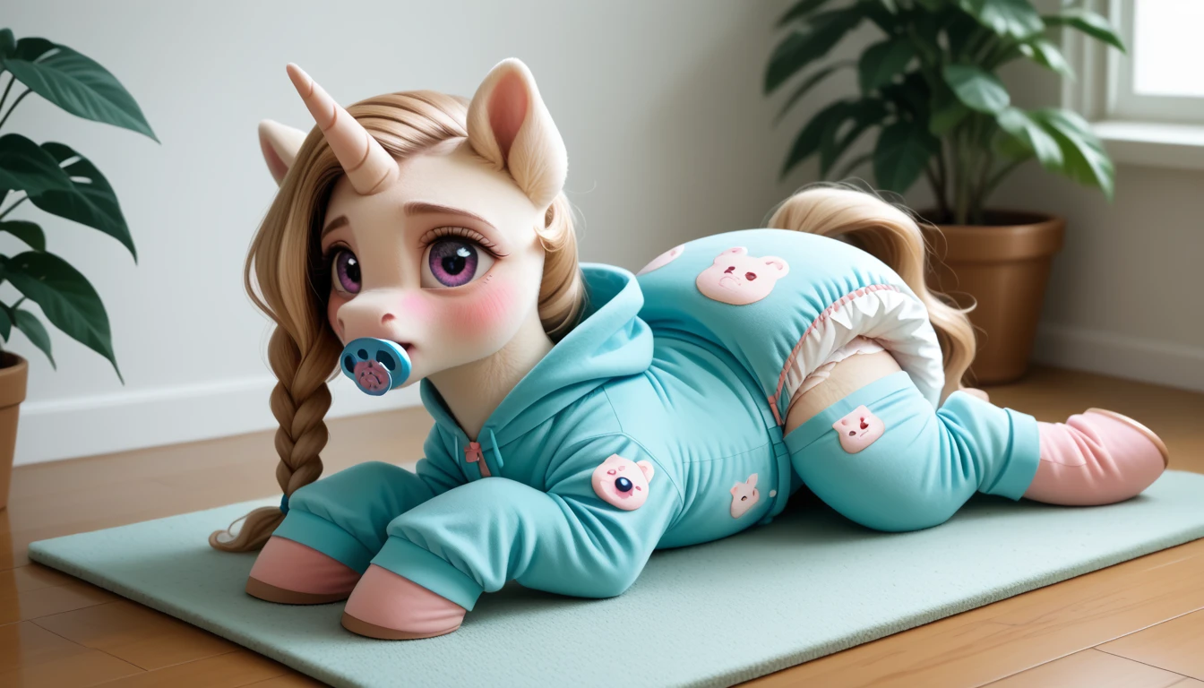 pony, light caramel unicorn, adult mare, plum eyes, lush mane braided, bushy tail, sitting on a soft play mat, dressed in onesie adult size and booties adult size, pacifier in mouth, solo, thick diaper under clothes, pink blush on cheeks, embarrassment, awkwardness.