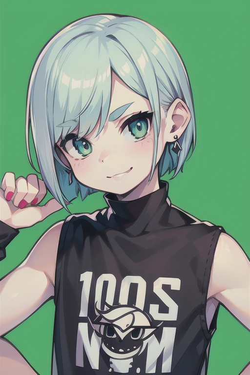 Highest quality, (high quality),light green background,punk style,eye highlights, hands together,arms are thin, thin body,face,from front, (portrait), look at viewer,thin eyebrows, double teeth,happy smile,Pouting mouth,watery eyes,open your mouth and laugh,(((10 years old))), (1 boy),silver hair,short hair,bob cut,industrial earrings,illustration,anime style, 