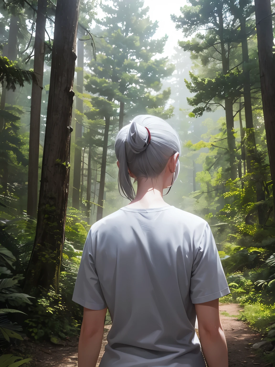 1old woman,white skin,50 years old,solo,Narrow eyes,grey hair, medium hair,ponytail,black t-shirt,grey trousers,,standing in forest, half body photo,Facing backwards, camera angle from behind, photo from behind, looking away